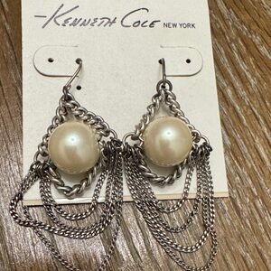 Kenneth Cole Silver and Cream Drop Chain Fux Pearl Earrings